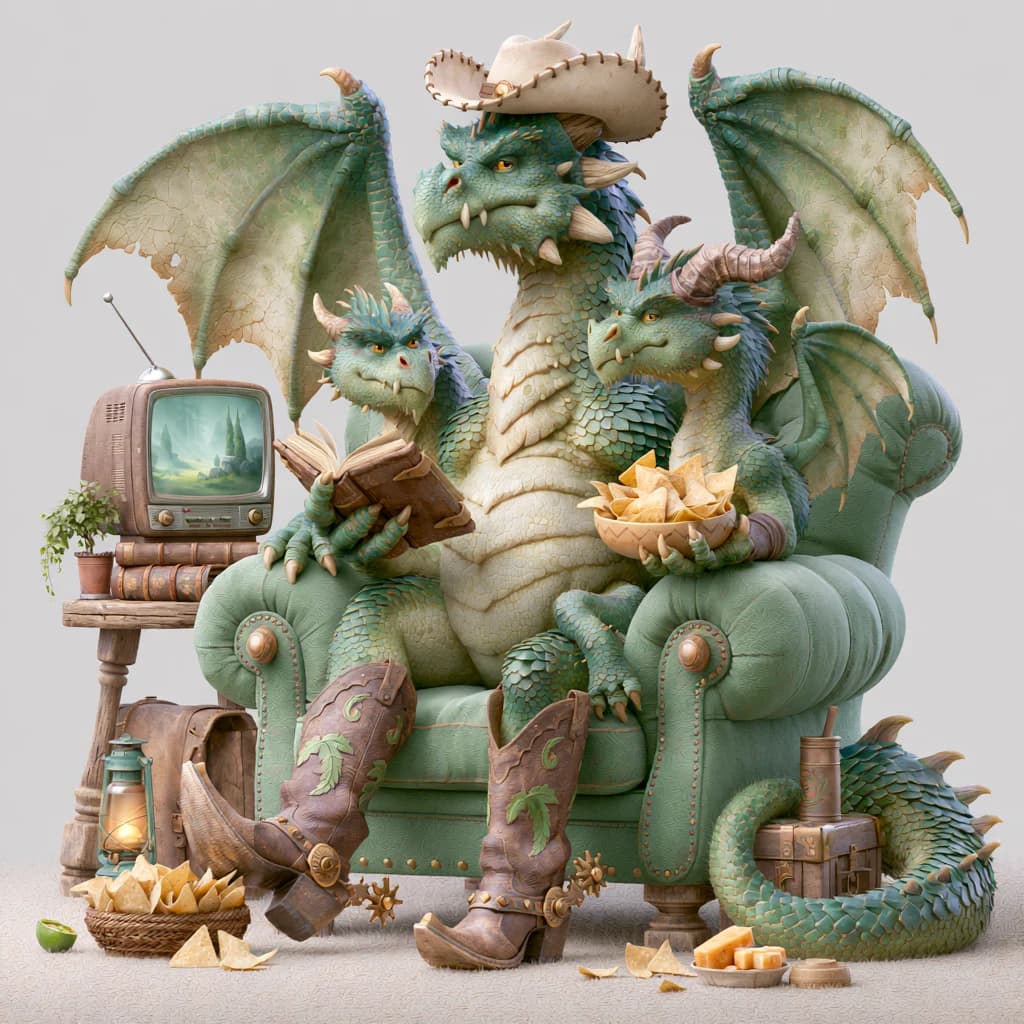 Midjourney V8.1: dreiköpfiger Drache mit Cowboystiefeln, Hut, Fernseher und Nachos