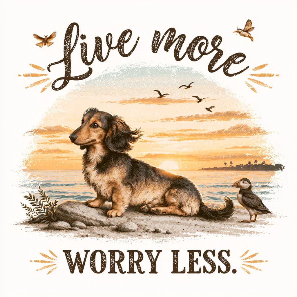 Midjourney V8.1: Vintage-T-Shirt-Design mit Hund und Text Live more worry less