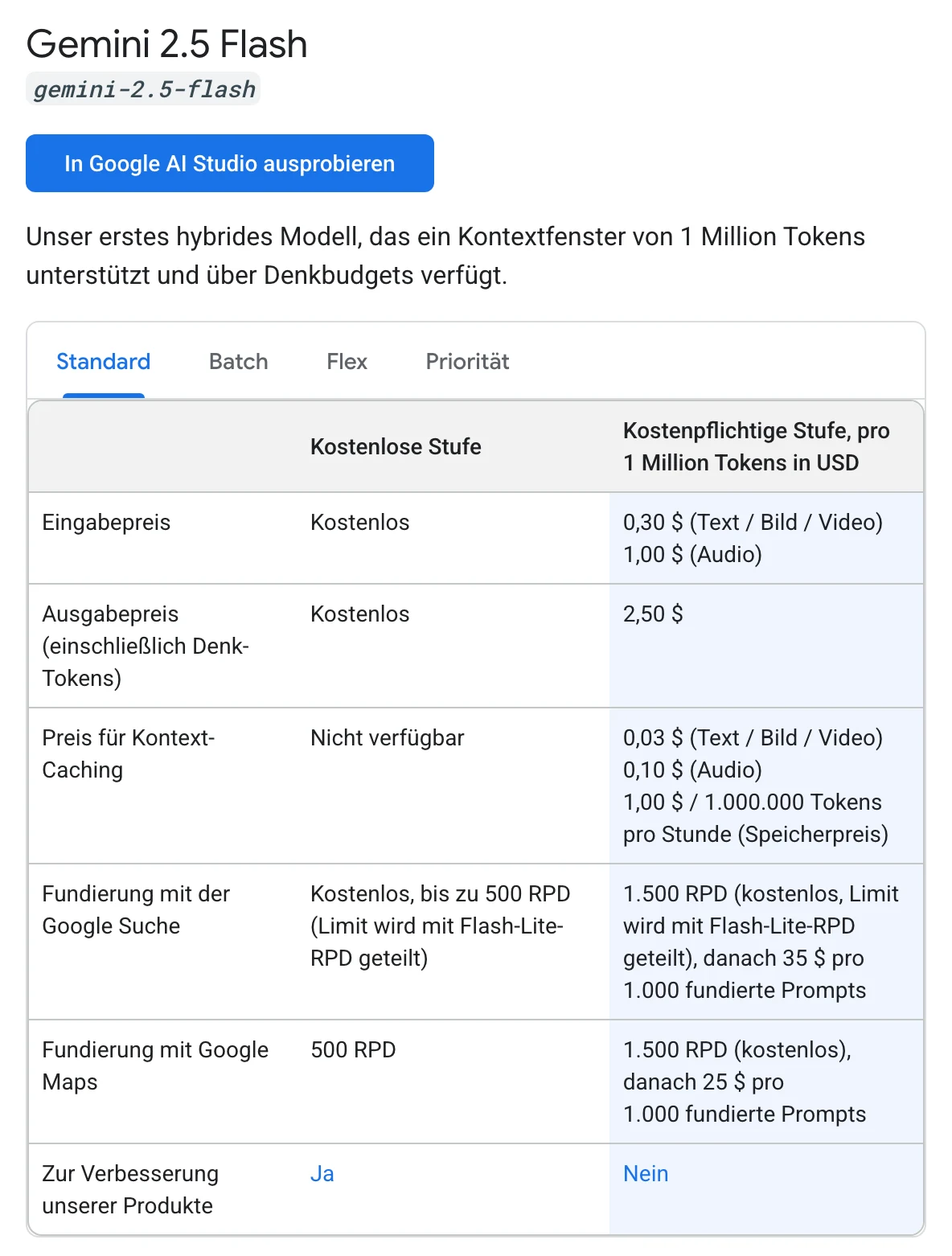 Gemini 2.5 Flash Preise (kostenlose und kostenpflichtige Stufe)