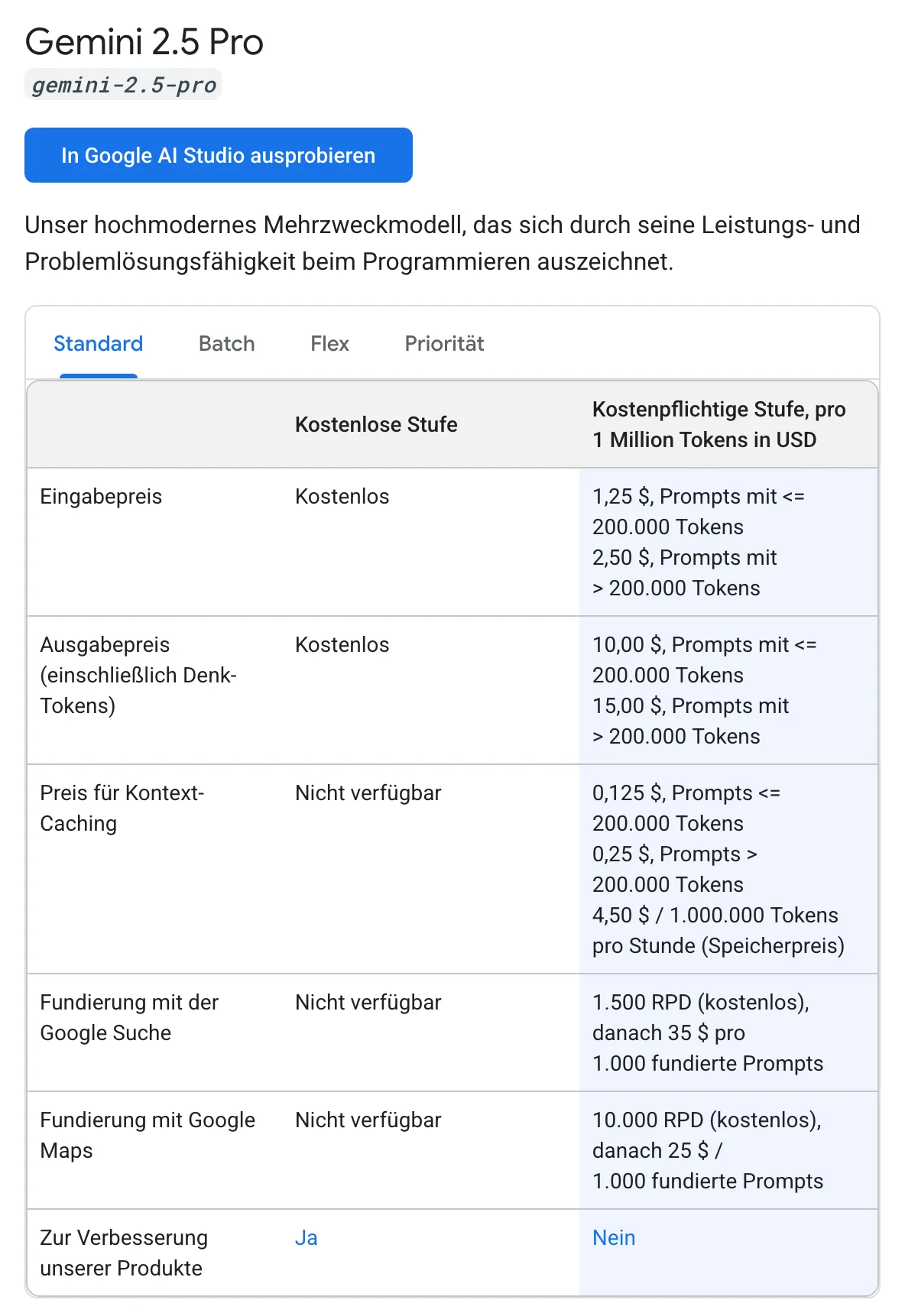 Gemini 2.5 Pro Preise (kostenlose und kostenpflichtige Stufe)