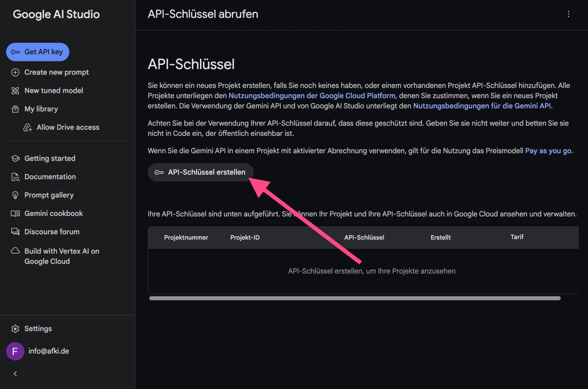 Google AI Studio API Schlüssel erstellen