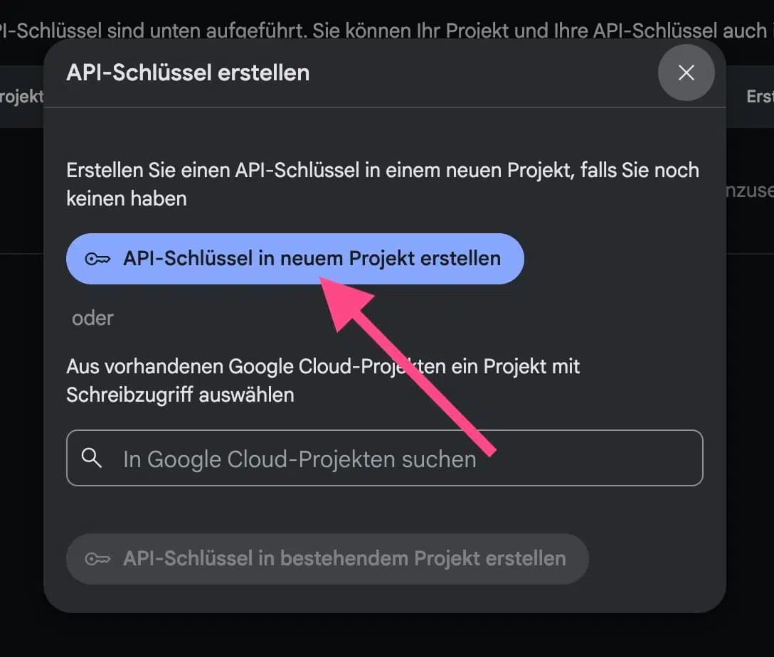 Google AI Studio API Schlüssel in neuem Projekt erstellen