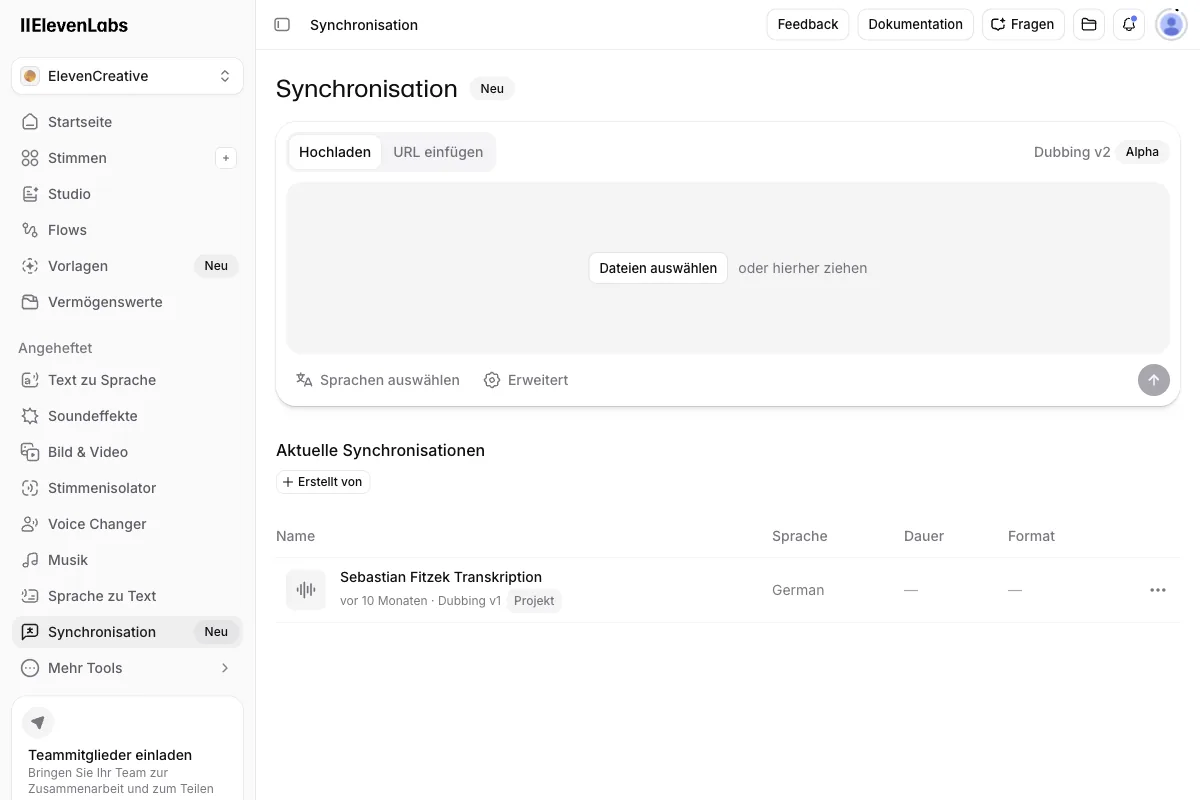Das Synchronisations-Werkzeug (Dubbing v2) von ElevenLabs mit Upload-Feld und Sprachauswahl