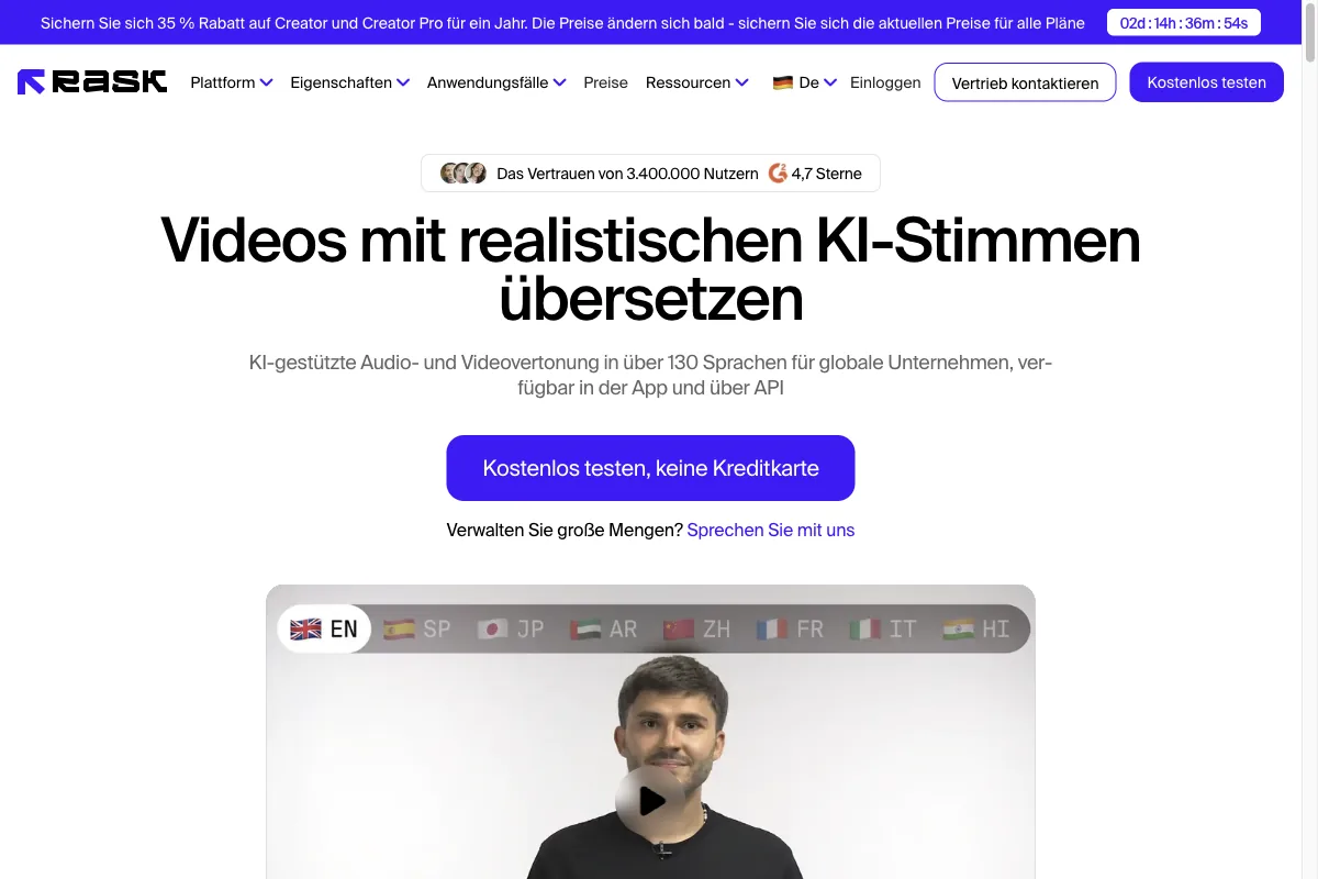 Die Startseite von Rask AI für die Übersetzung von Videos in über 130 Sprachen
