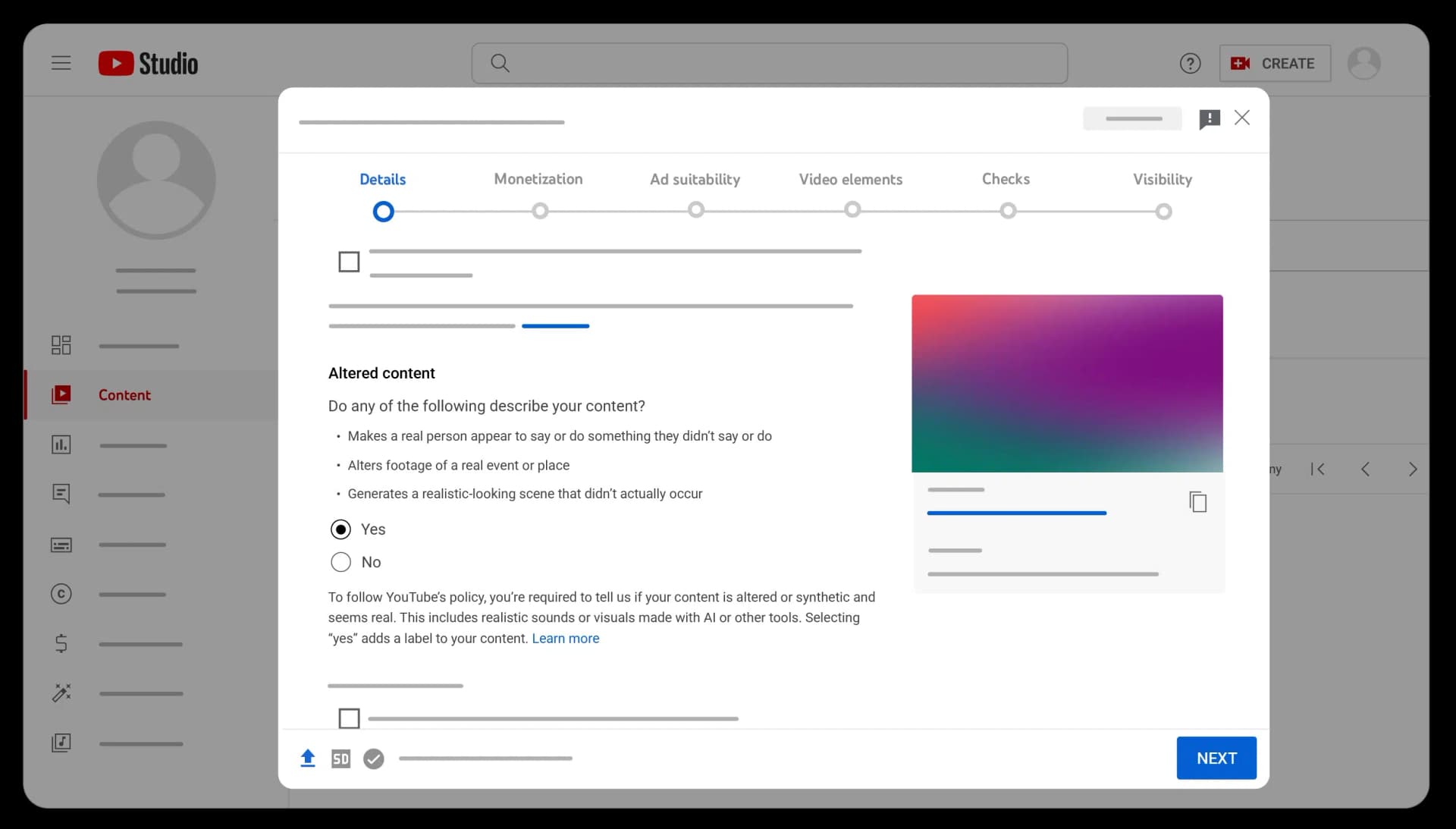 YouTube Studio Altered Content