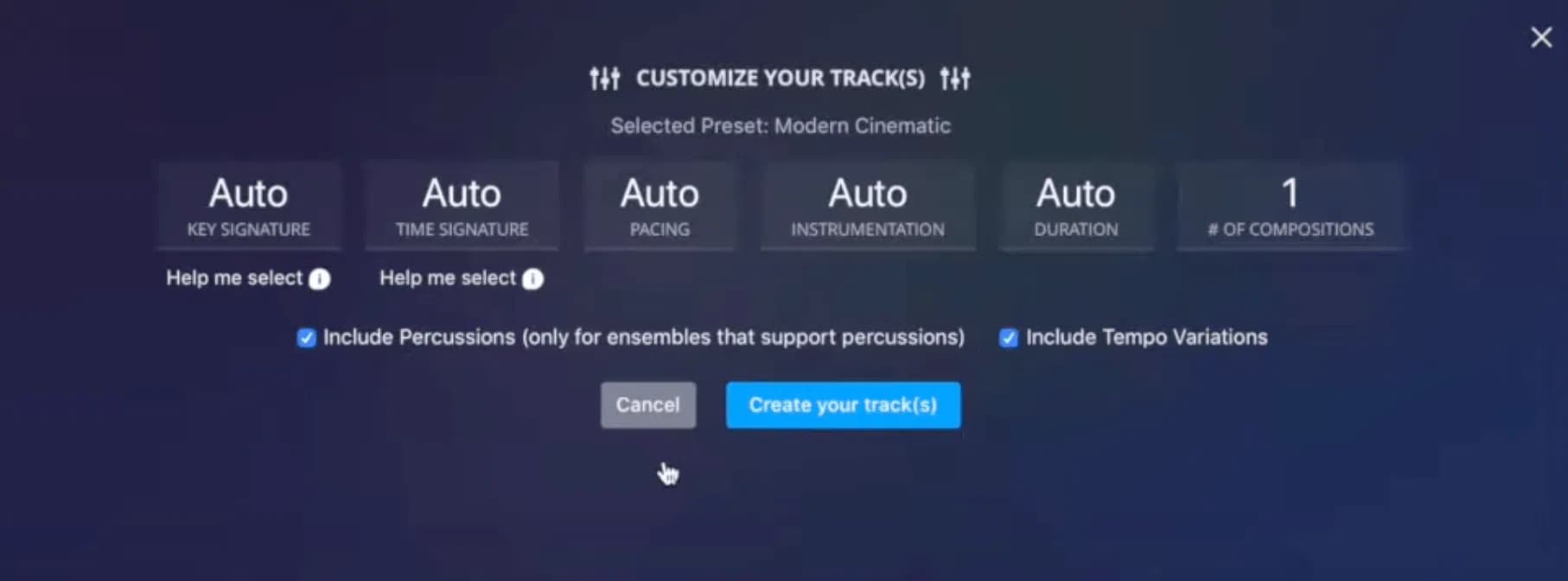 AIVA Musikgenerator Einstellungen für Länge, Instrumente und Geschwindigkeit