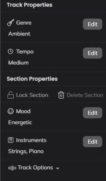 Beatoven.ai Anpassungsoptionen für Tempo und Instrumente