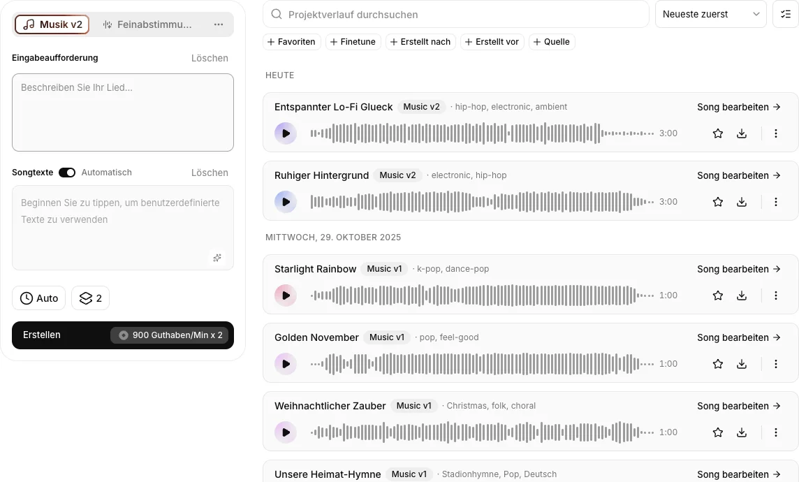 ElevenLabs Music Generationen-Übersicht mit fertigen Music-v2-Tracks im Creator-Konto