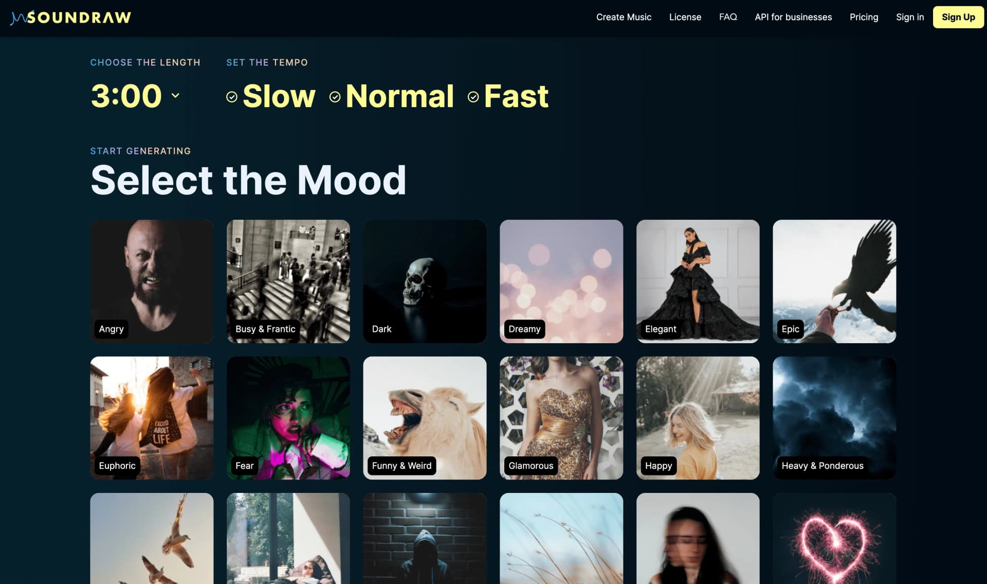Soundraw KI-Musikgenerator Benutzeroberfläche mit Stimmungs-, Längen- und Tempo-Einstellungen