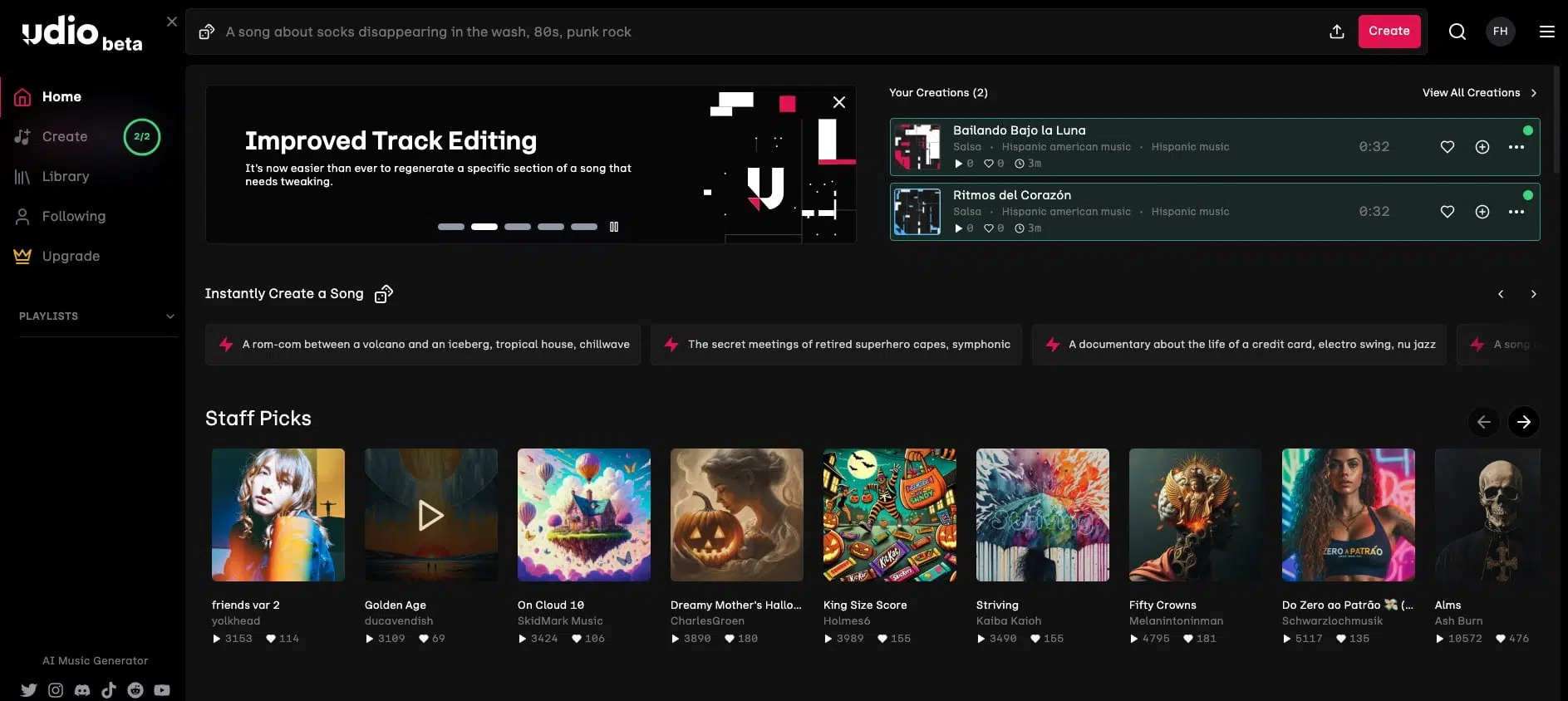 Udio KI-Musikgenerator Benutzeroberfläche