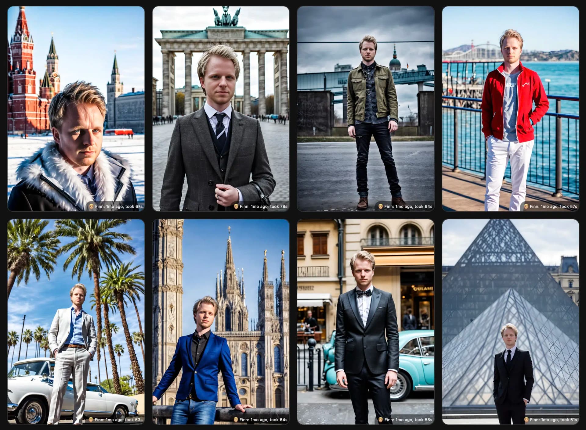 Photo AI Fotoshooting mit Weltreise-Szenarien und verschiedenen Hintergründen