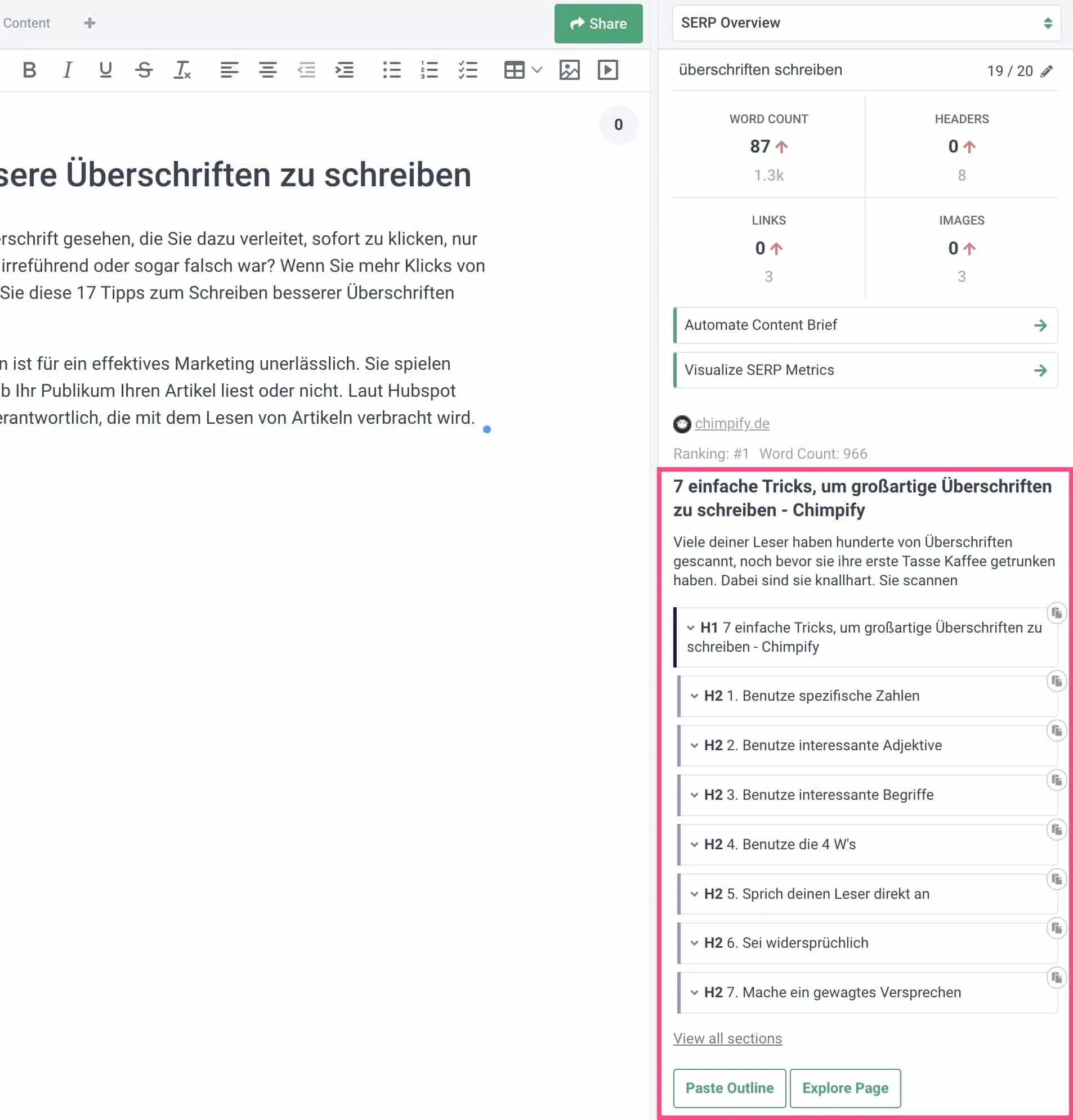 SERP Overview im Editor von Frase