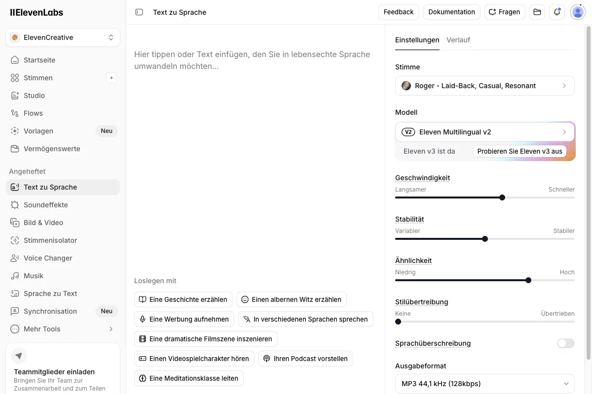 Der Text-zu-Sprache-Editor von ElevenLabs mit Texteingabe, Stimmenauswahl und Reglern für Stabilität und Ähnlichkeit