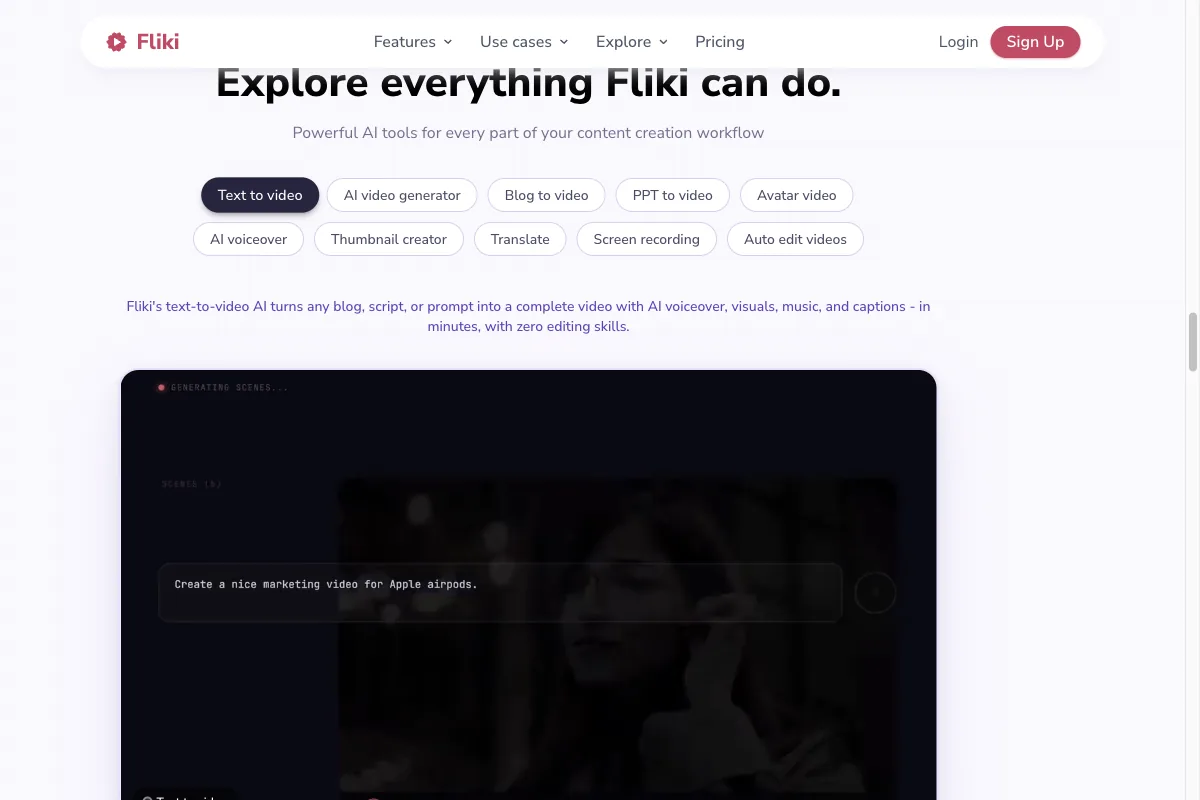 Die Startseite von Fliki mit KI-Werkzeugen für Text-to-Video und Voiceover