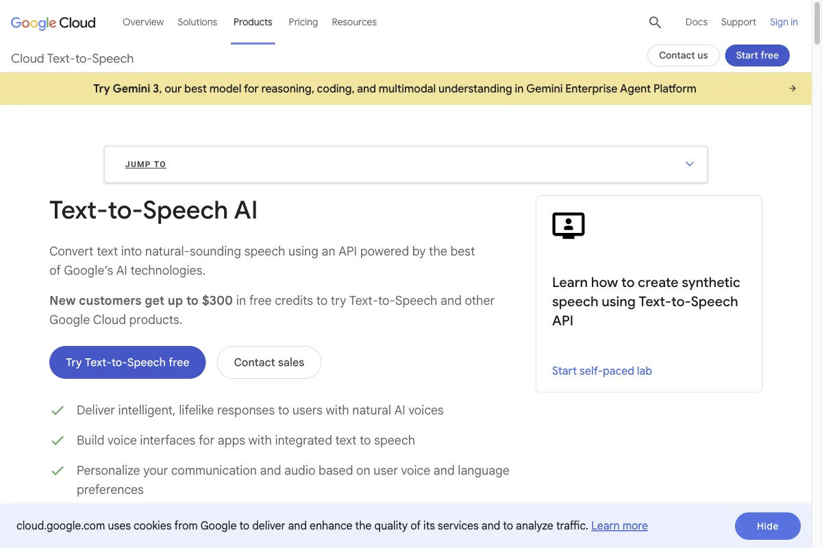 Die Produktseite von Google Cloud Text-to-Speech mit der KI-Sprachsynthese-API