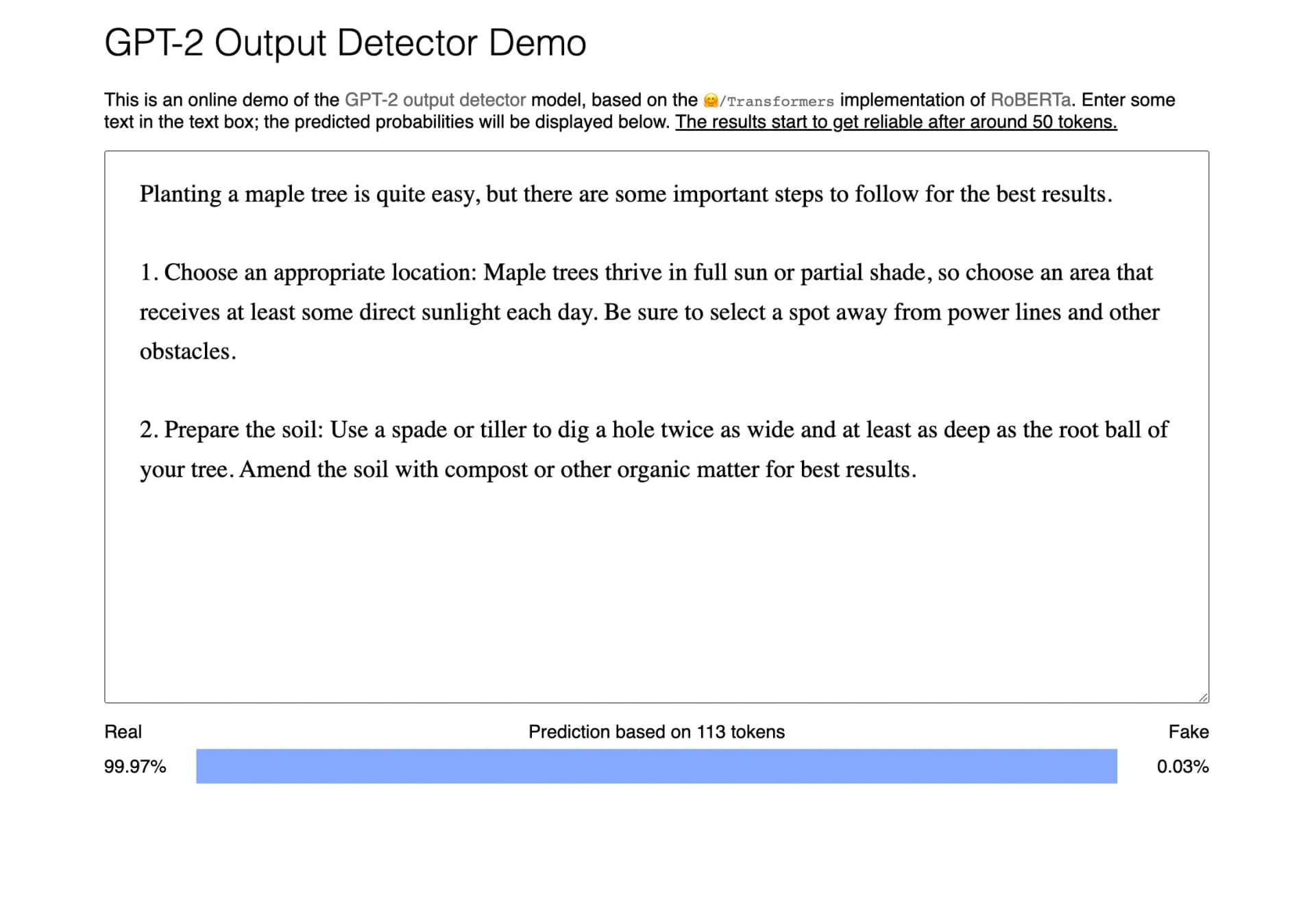 Huggingface GPT-2 Output Detector
