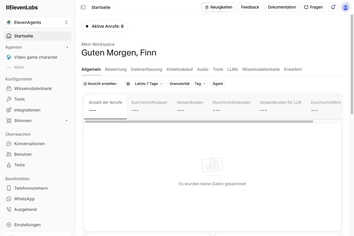 Die ElevenAgents-Startseite von ElevenLabs mit Anruf-Statistiken und Agenten-Verwaltung