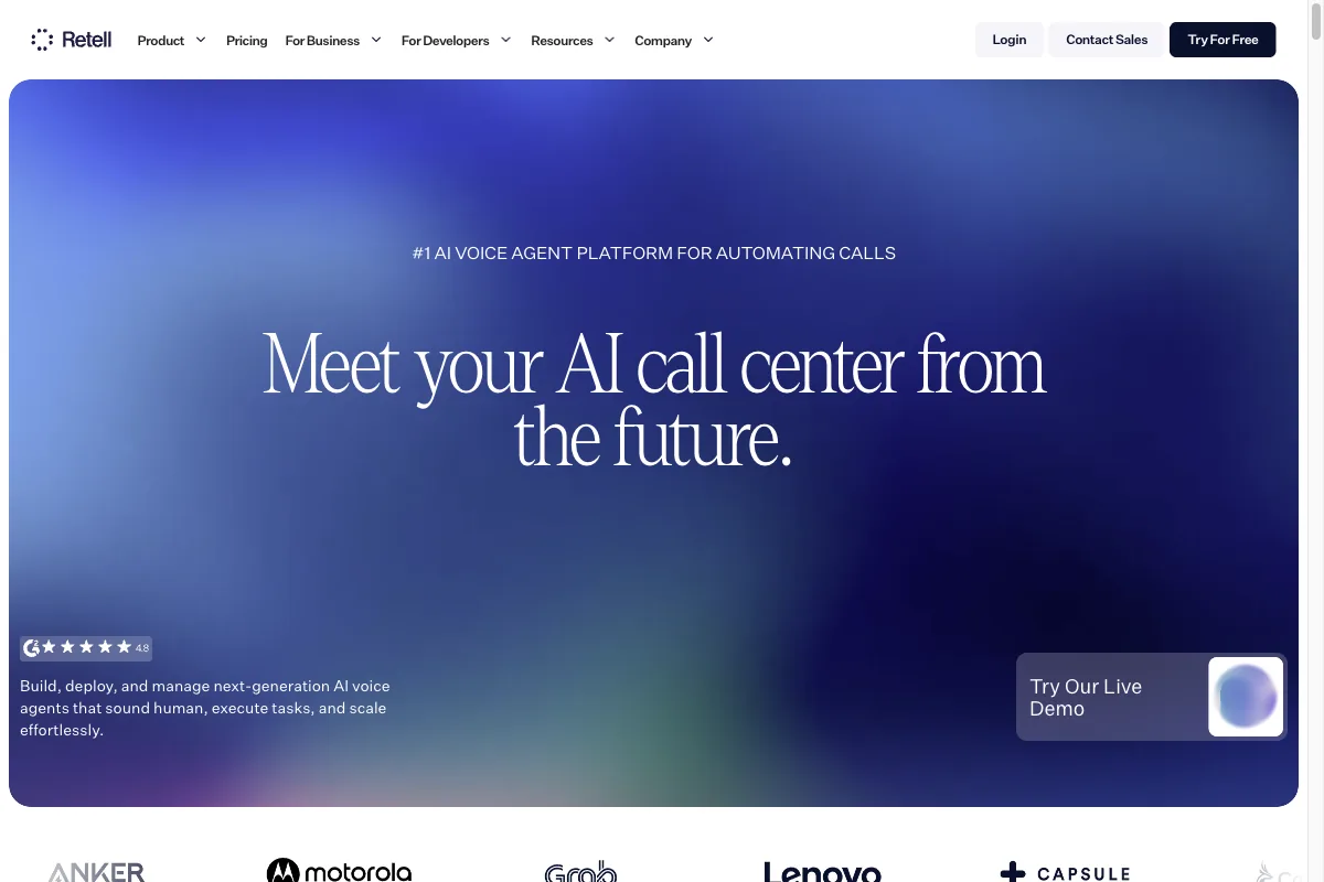 Die Startseite von Retell AI mit der Voice-Agent-Plattform für automatisierte Anrufe
