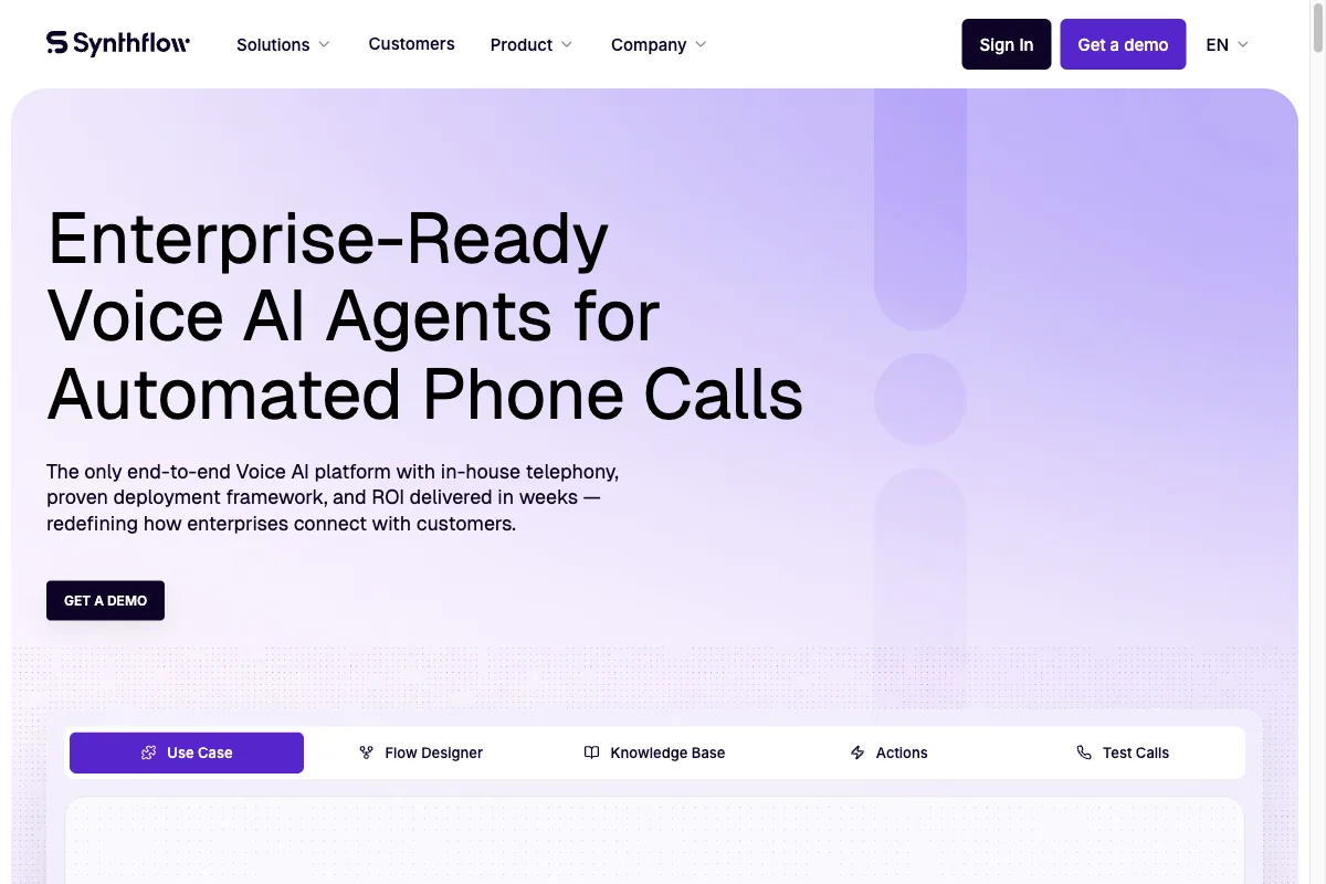 Die Startseite von Synthflow mit Voice-AI-Agents für automatisierte Telefonanrufe