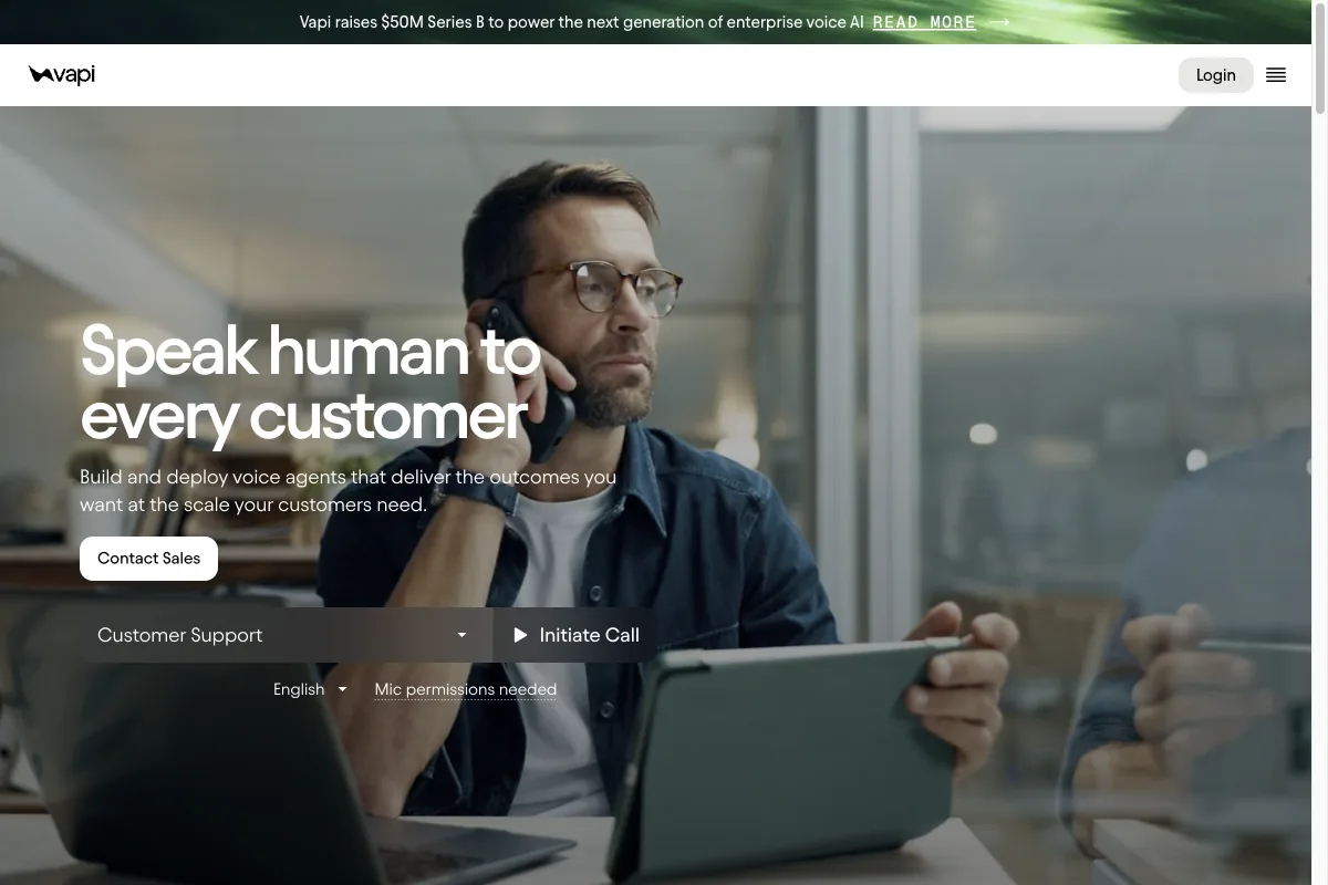 Die Startseite von Vapi mit der Voice-Agent-Plattform für Entwickler