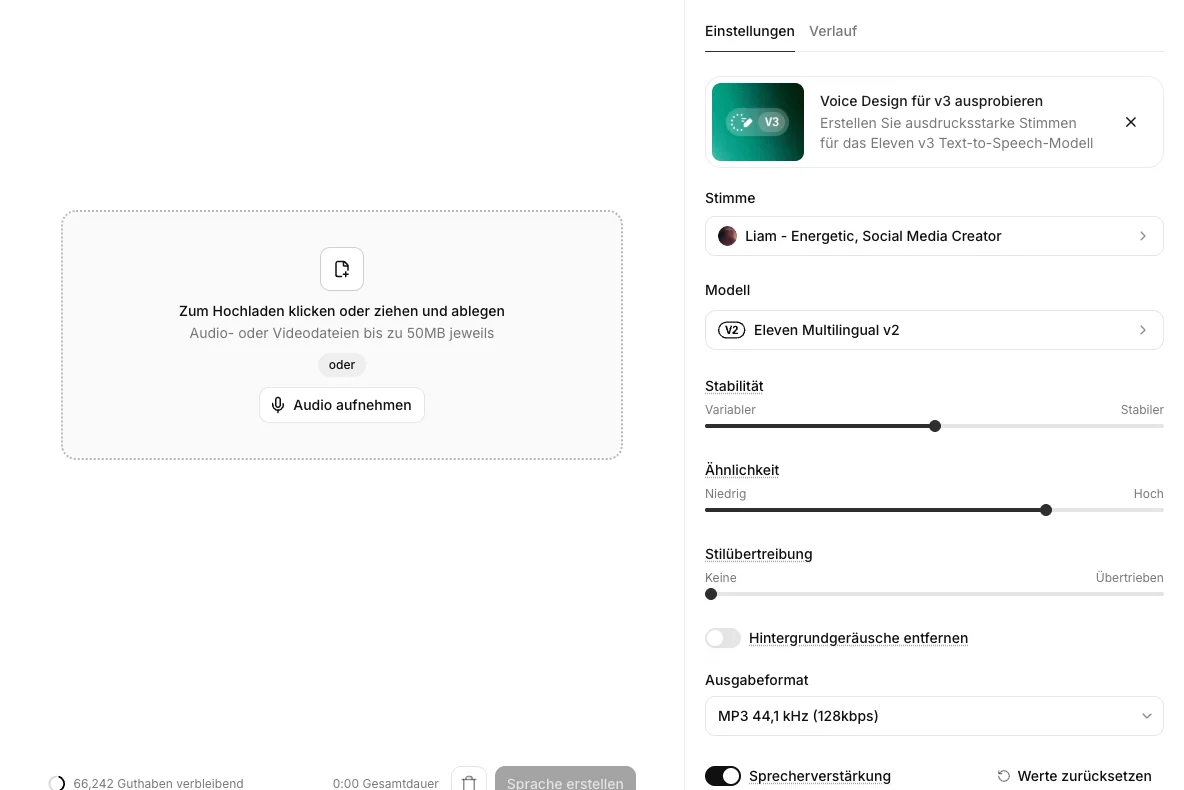 Screenshot der ElevenLabs-Voice-Changer-Einstellungen im eigenen Konto mit Modell Eleven Multilingual v2, Stimme Liam und Reglern für Stabilität, Ähnlichkeit und Stilübertreibung