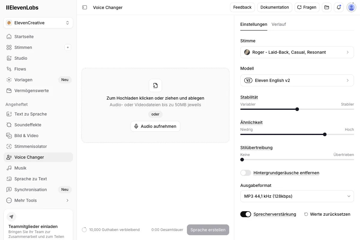 Der Voice Changer von ElevenLabs mit Upload-Feld und Reglern für Stimme, Stabilität und Ähnlichkeit
