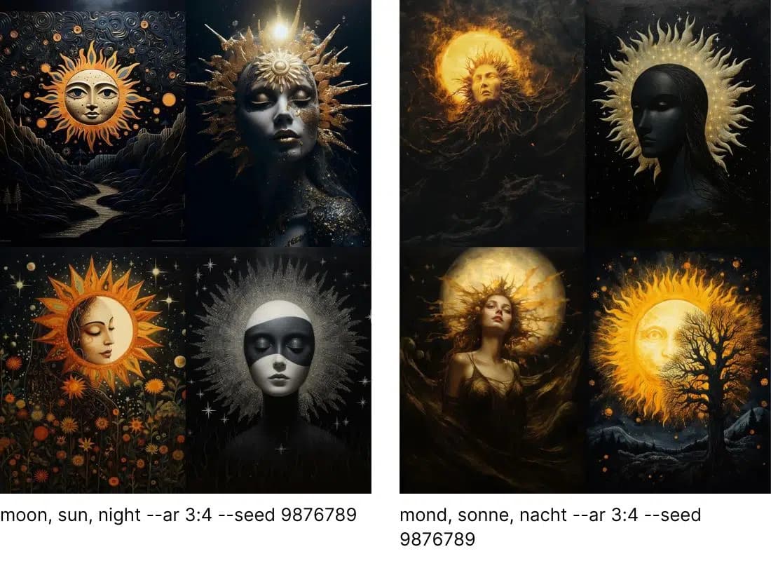 Vergleich zwischen moon sun night und Mond Sonne Nacht Prompts