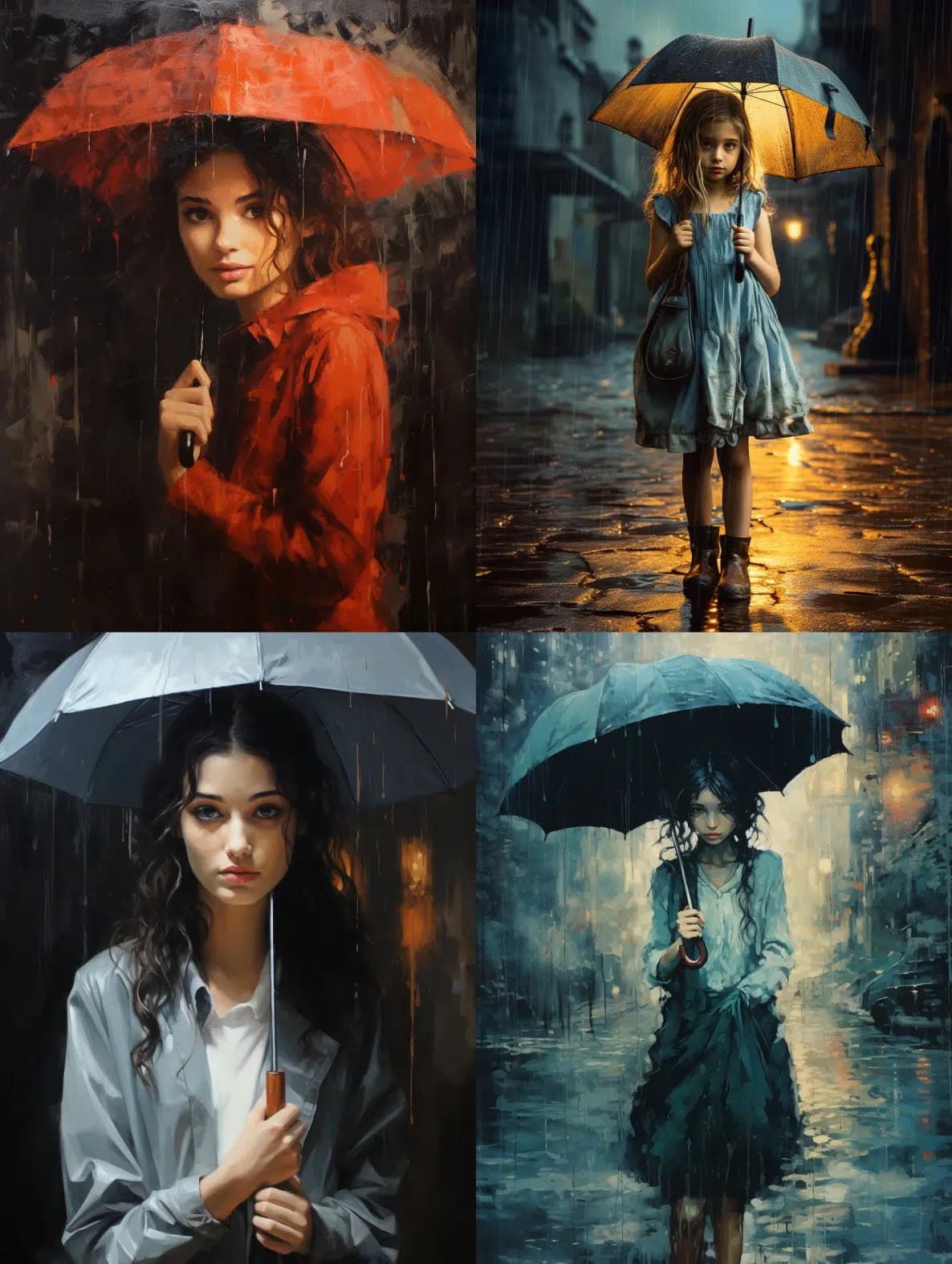girl with umbrella in rain --ar 3:4