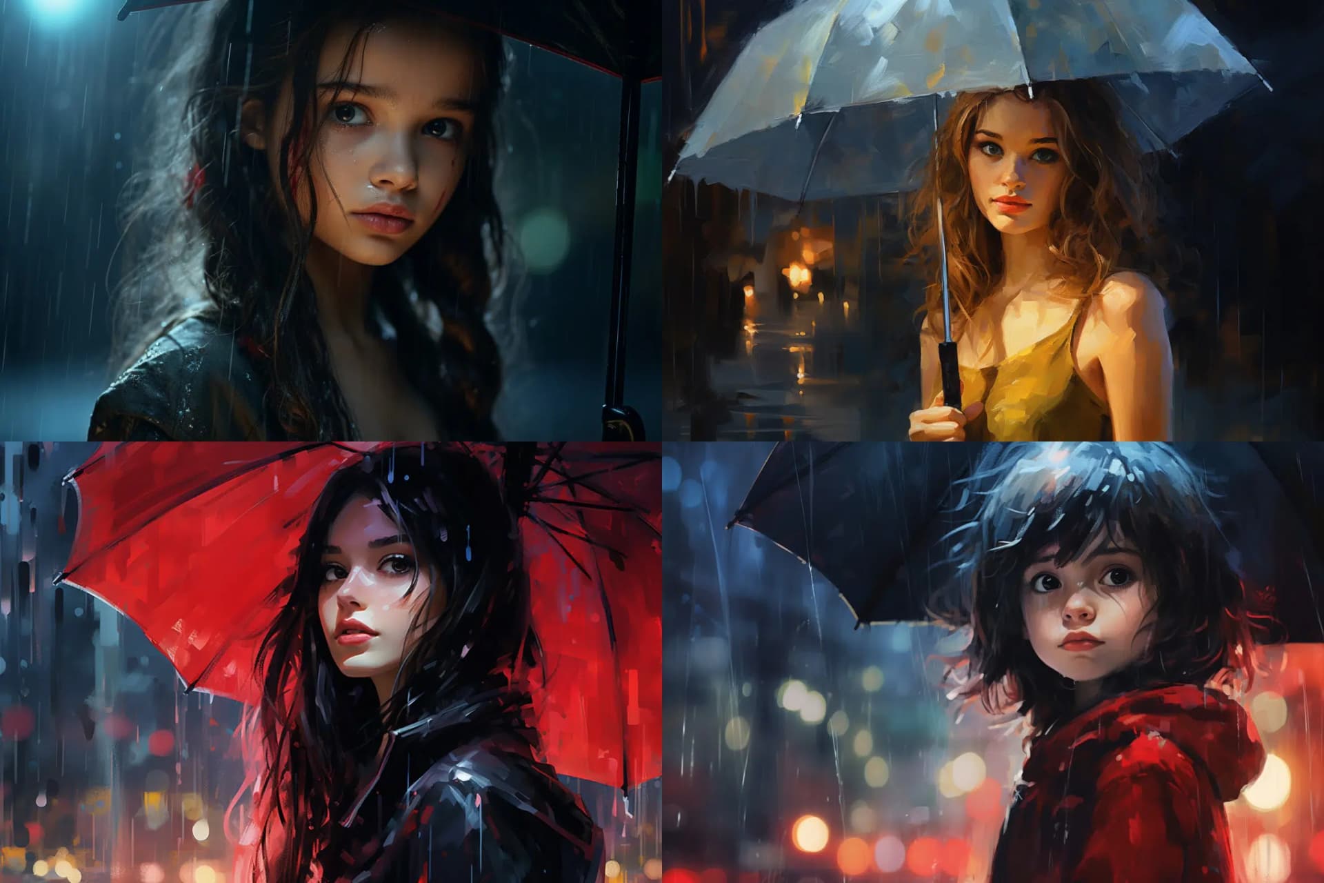 girl with umbrella in rain --ar 3:2 --chaos 0