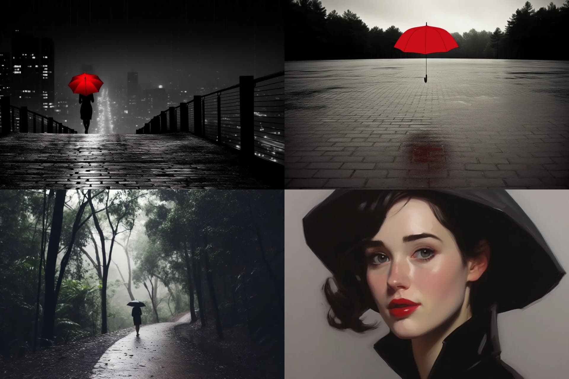 girl with umbrella in rain --ar 3:2 --chaos 50