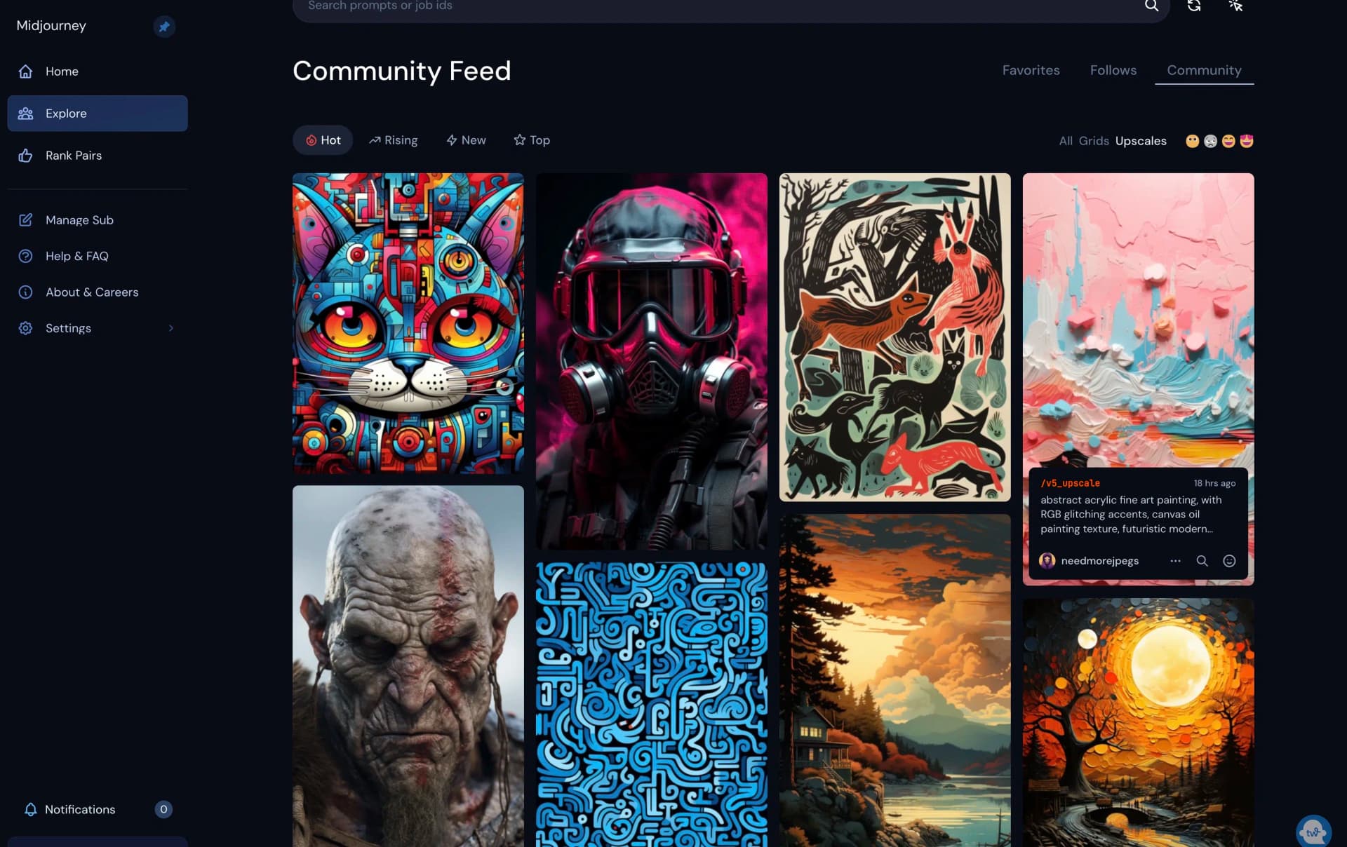 Midjourney Community Feed mit sichtbaren Prompts