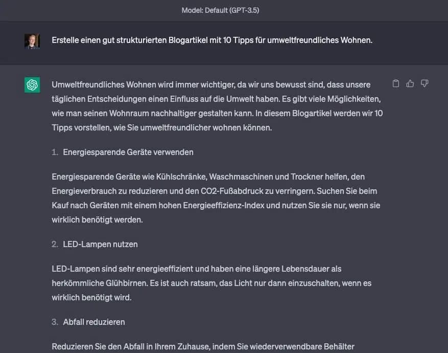 ChatGPT generiert Blogartikel