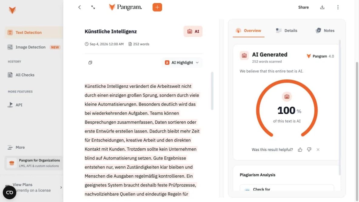 Pangram 4 identifies a German text from GPT-5.6 Sol as fully AI-generated