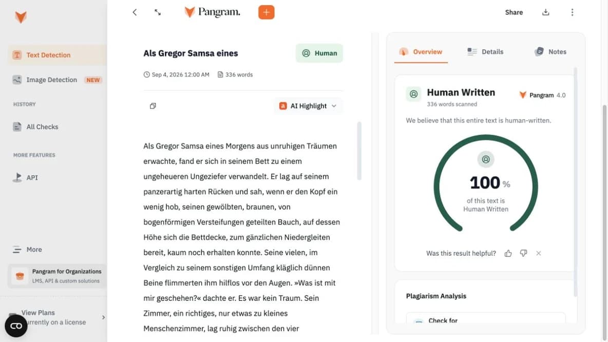 Pangram 4 identifies a German passage by Franz Kafka as fully human-written