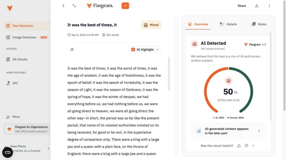 Pangram 4 identifies a half-human and half-AI English text as mixed with a 50 percent AI share