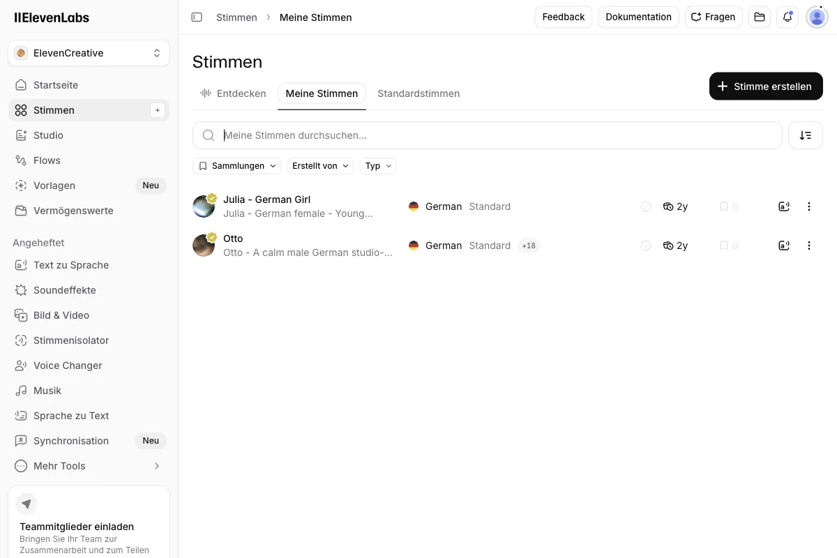 Die Stimmen-Verwaltung von ElevenLabs mit eigenen Stimmen und der Option, eine neue Stimme zu erstellen
