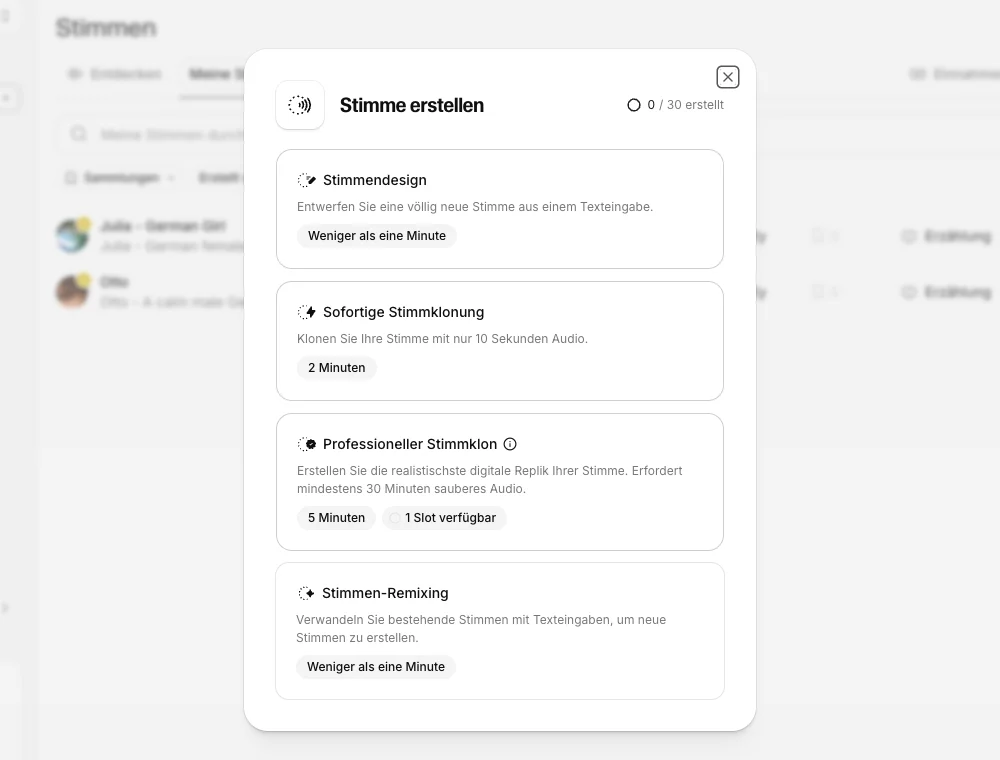 Der Stimme-erstellen-Dialog von ElevenLabs mit den vier Methoden Stimmendesign, Sofortige Stimmklonung, Professioneller Stimmklon und Stimmen-Remixing, Screenshot aus meinem eigenen Creator-Konto