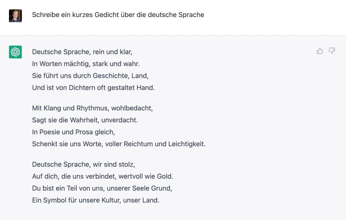 Als Antwort auf einen deutschen Prompt liefert ChatGPT auch eine deutsche Antwort