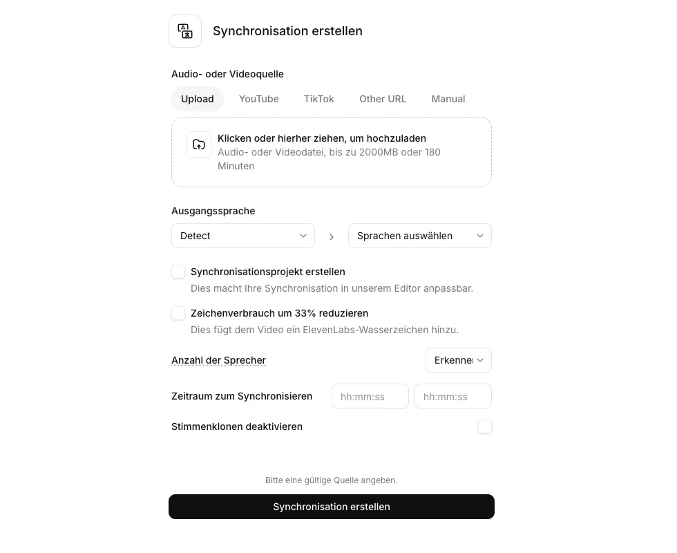 The Dubbing v2 upload area in the ElevenLabs dashboard with file upload, URL field, and language selection