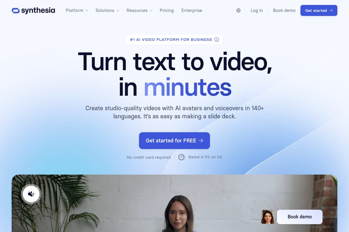The Synthesia homepage, an AI video platform with avatars and voiceover