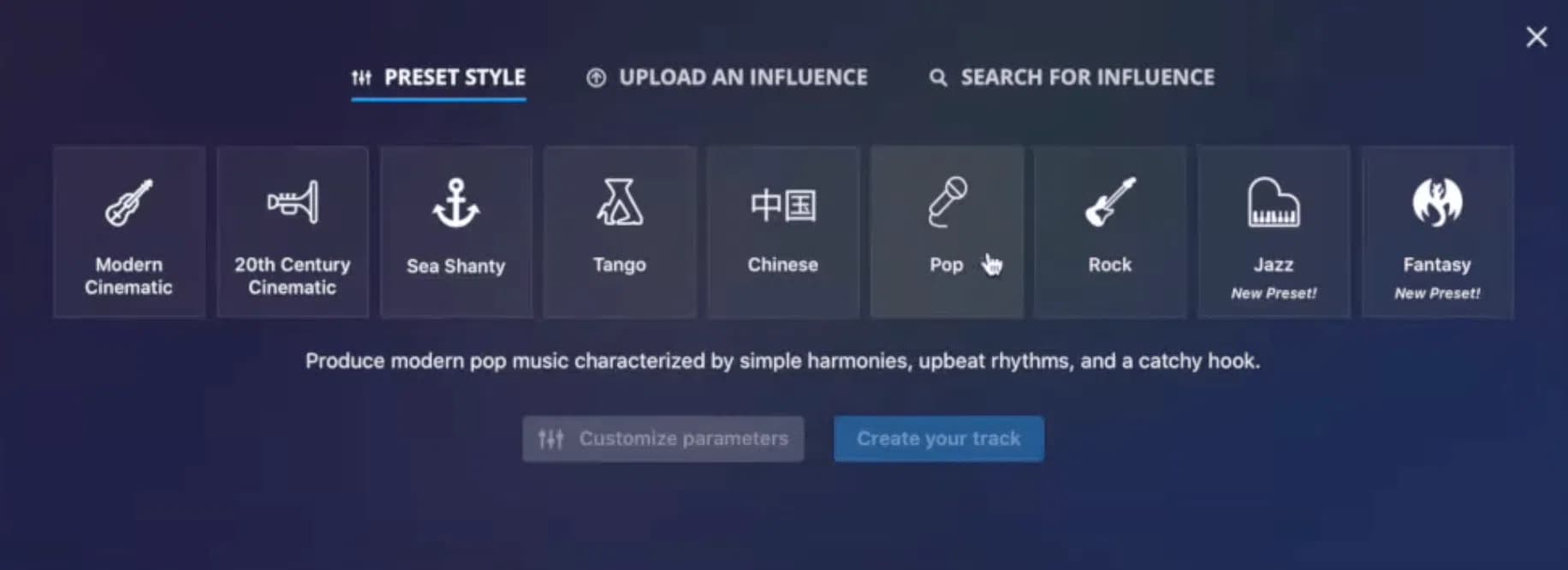 AIVA AI music generator preset selection for various music styles