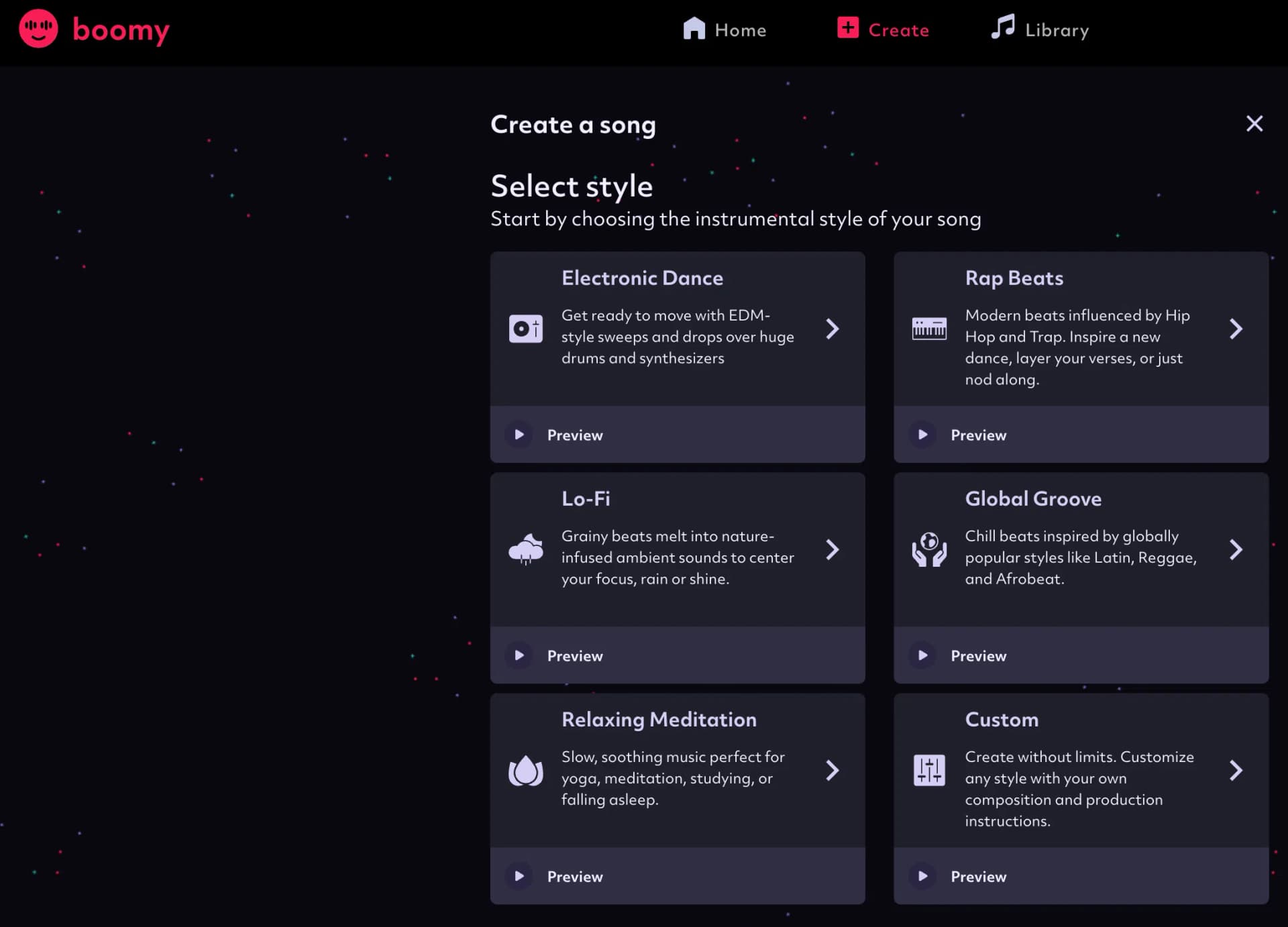 Boomy AI music generator category selection for music styles
