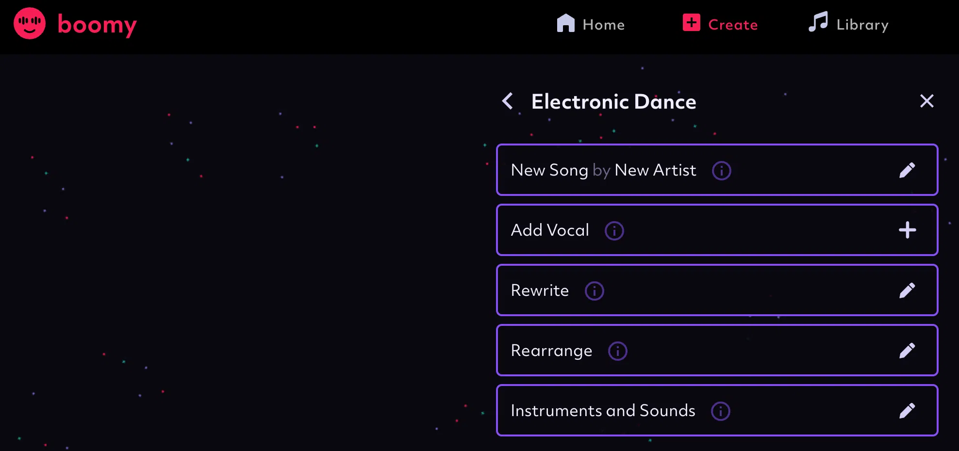 Boomy music editing interface for customizing instruments and song sections