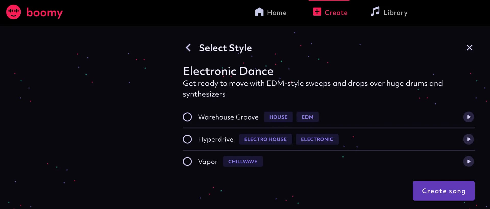 Boomy style selection with various subcategories for music generation