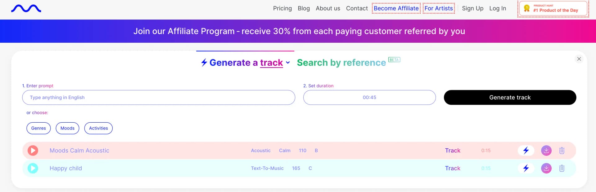 Mubert AI music generator interface with prompt input field