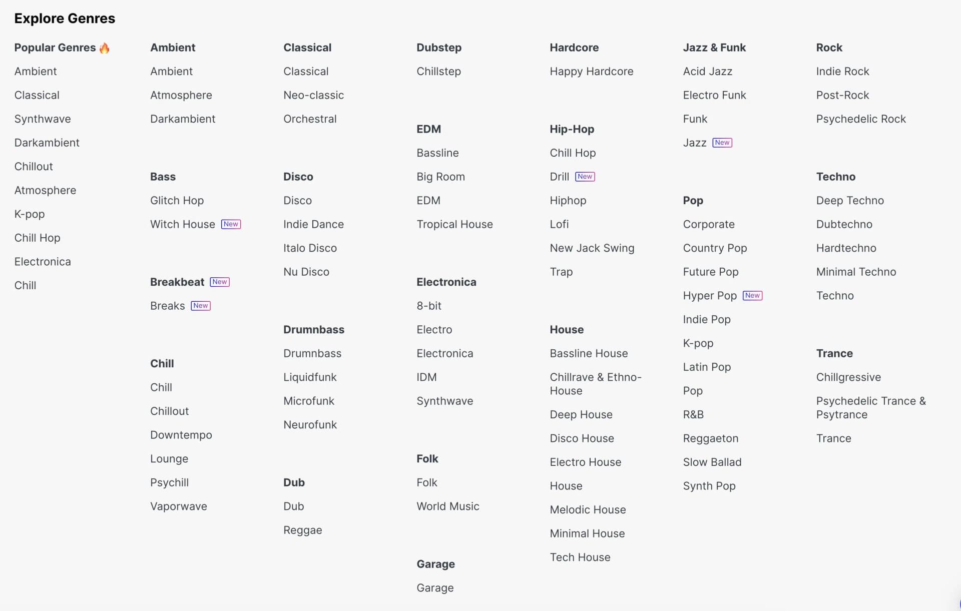 Mubert genre selection with 80 different music genres