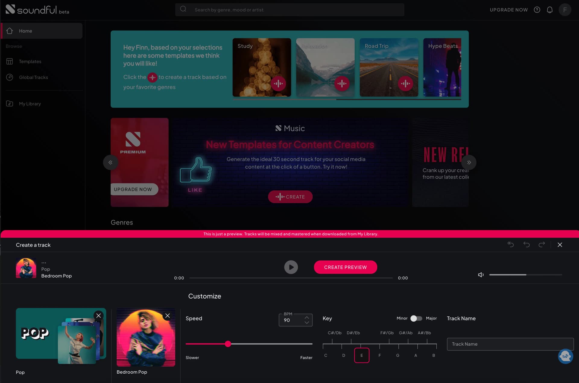 Soundful AI music generator comparison view with tempo and key settings