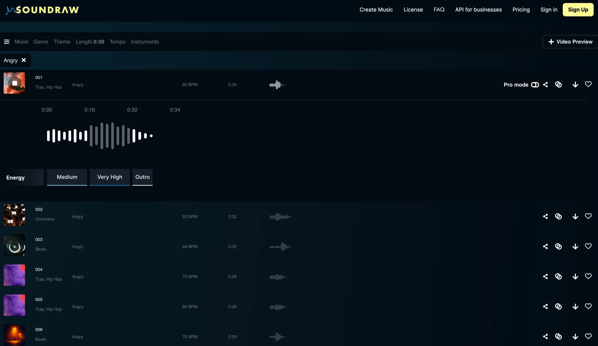 Soundraw AI music generator comparison view with multiple generated music pieces