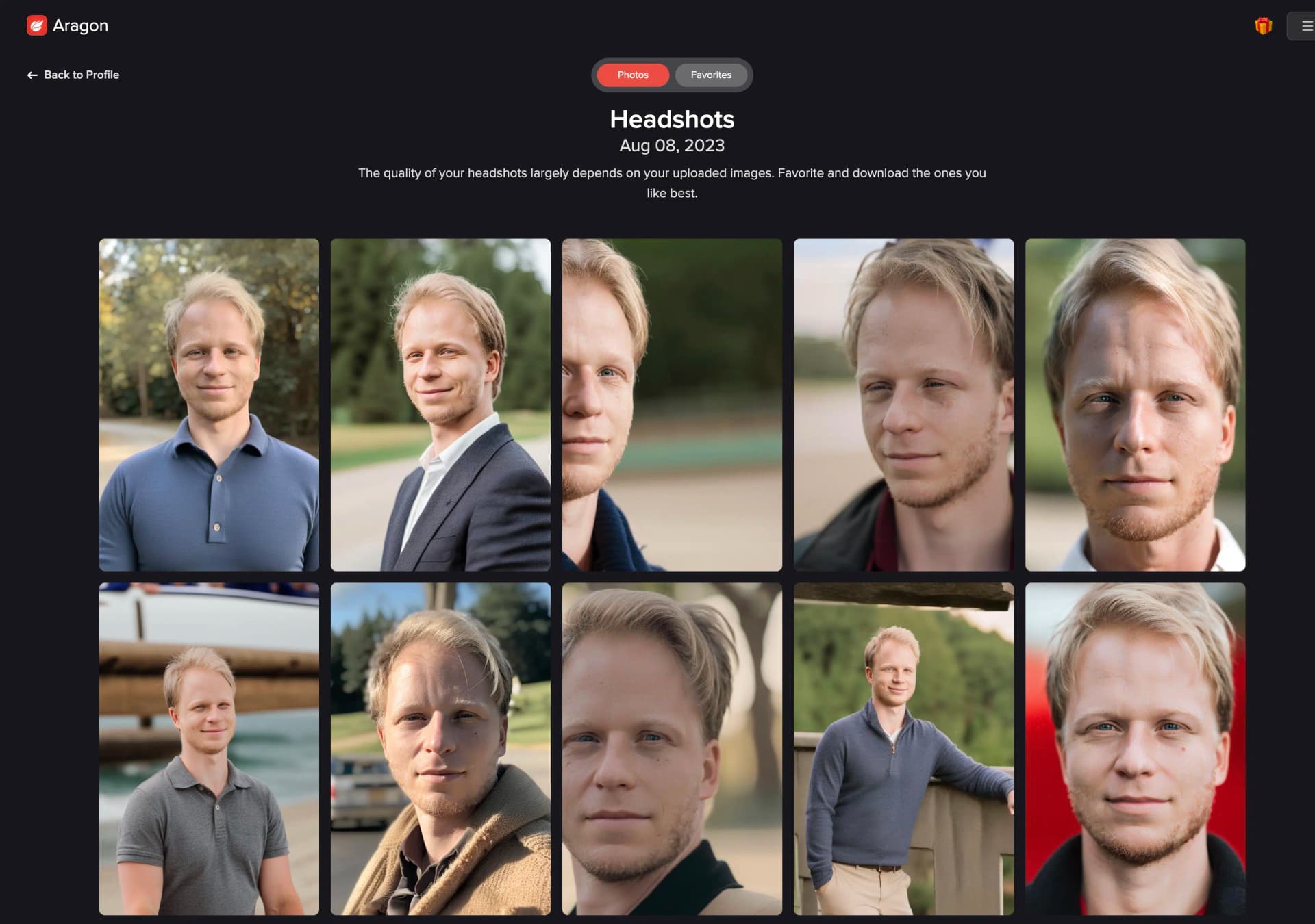 Aragon AI dashboard with overview of generated portraits