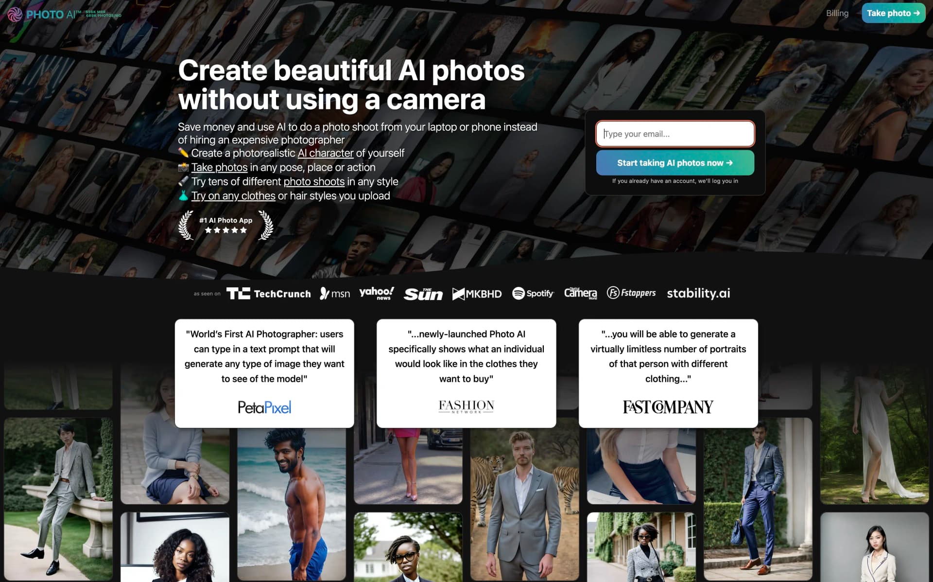 Photo AI main interface for generating AI portraits